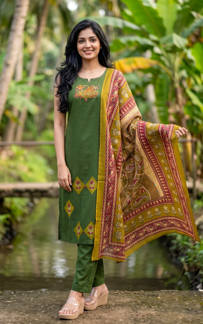 Mehandi Green Printed Straight Salwar Set with Kalamkari Dupatta